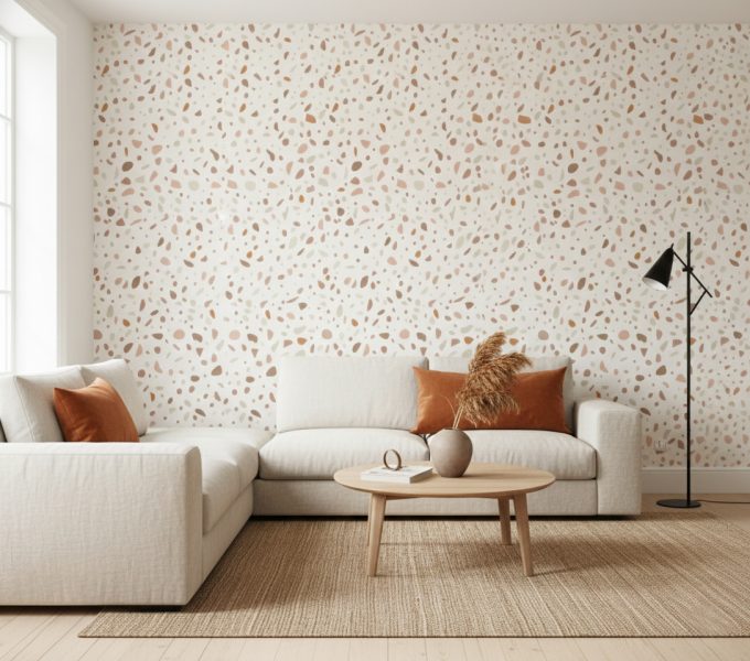 Papel de Parede Terrazzo Orgânico terra na sala